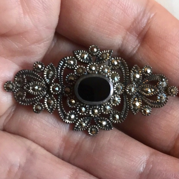 Jewelry - ! SOLD!! VINTAGE 60s 925 MARCASITE ONYX BROOCH